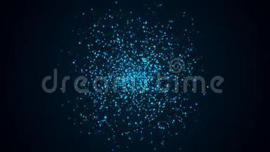 许多抽象的蓝色<strong>小粒子</strong>在空间中形成球形，计算机生成抽象背景，三维渲染